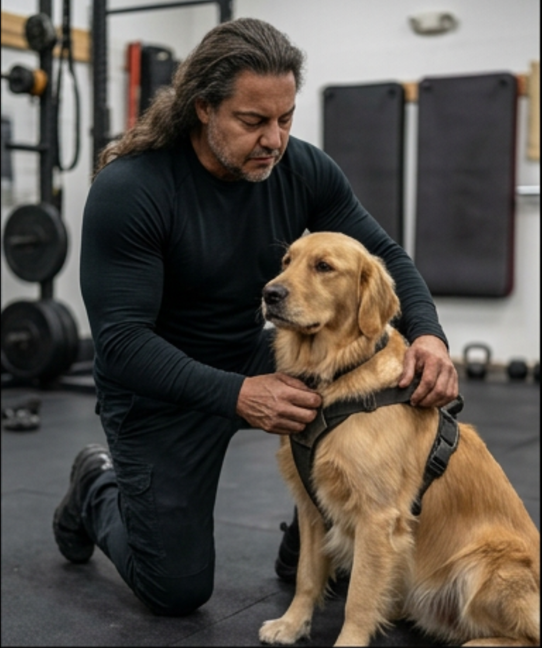 Ripley with service dog in training facility Atlanta
